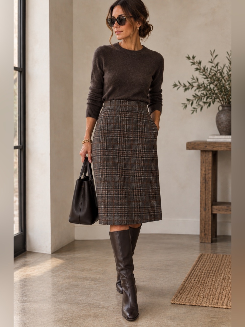 Tibi Plaid Midi Skirt Size 00 Taupe Black Glen Check Pleated A-Line Quiet Luxury